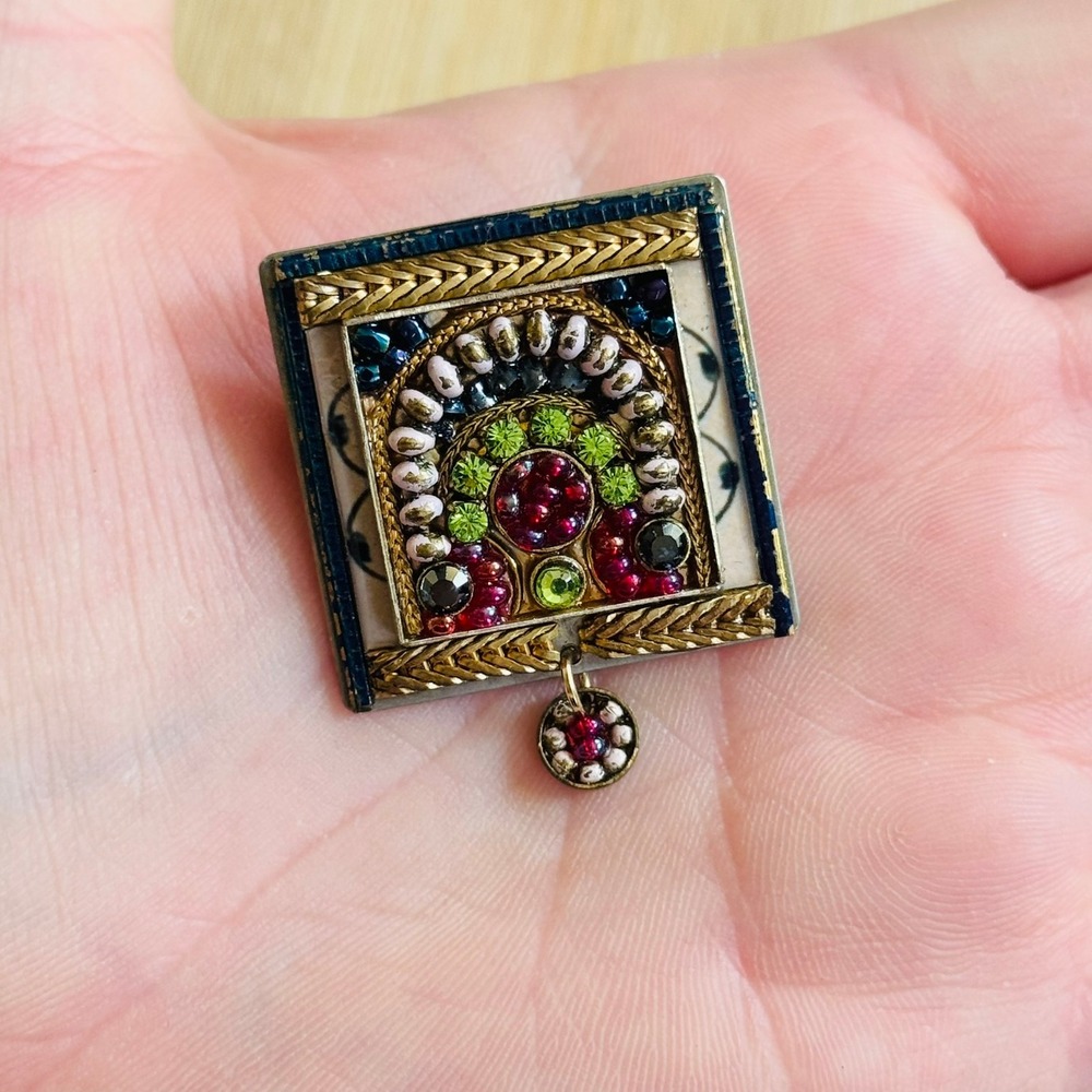 Adaya Mosaic Pin Brooch Glass Beaded Square Colorful Signed BOHO VTG